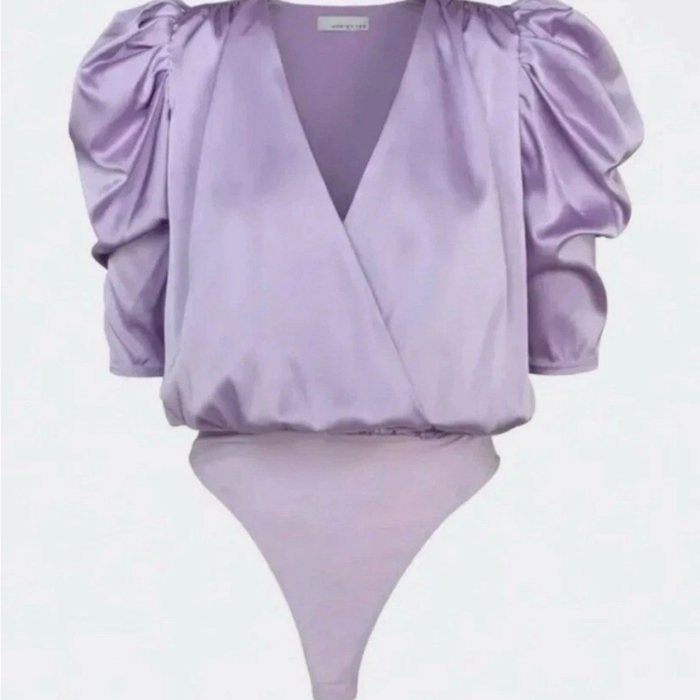 Adelyn Rae one pc. Lavender Wrap Top with Puff Sleeves small new